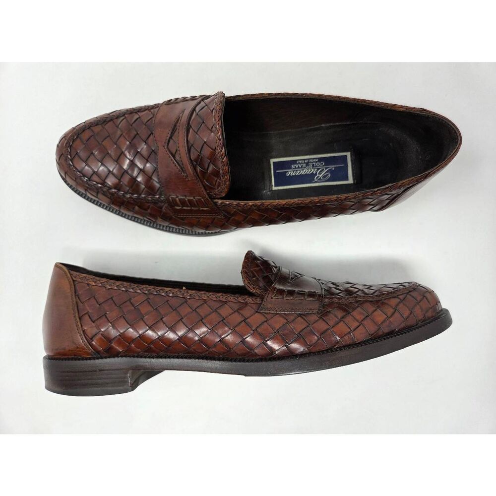 BRAGANO COLE HAAN WOVEN BROWN CALF LEATHER PENNY LOAFERS MENS SIZE 9.5 M